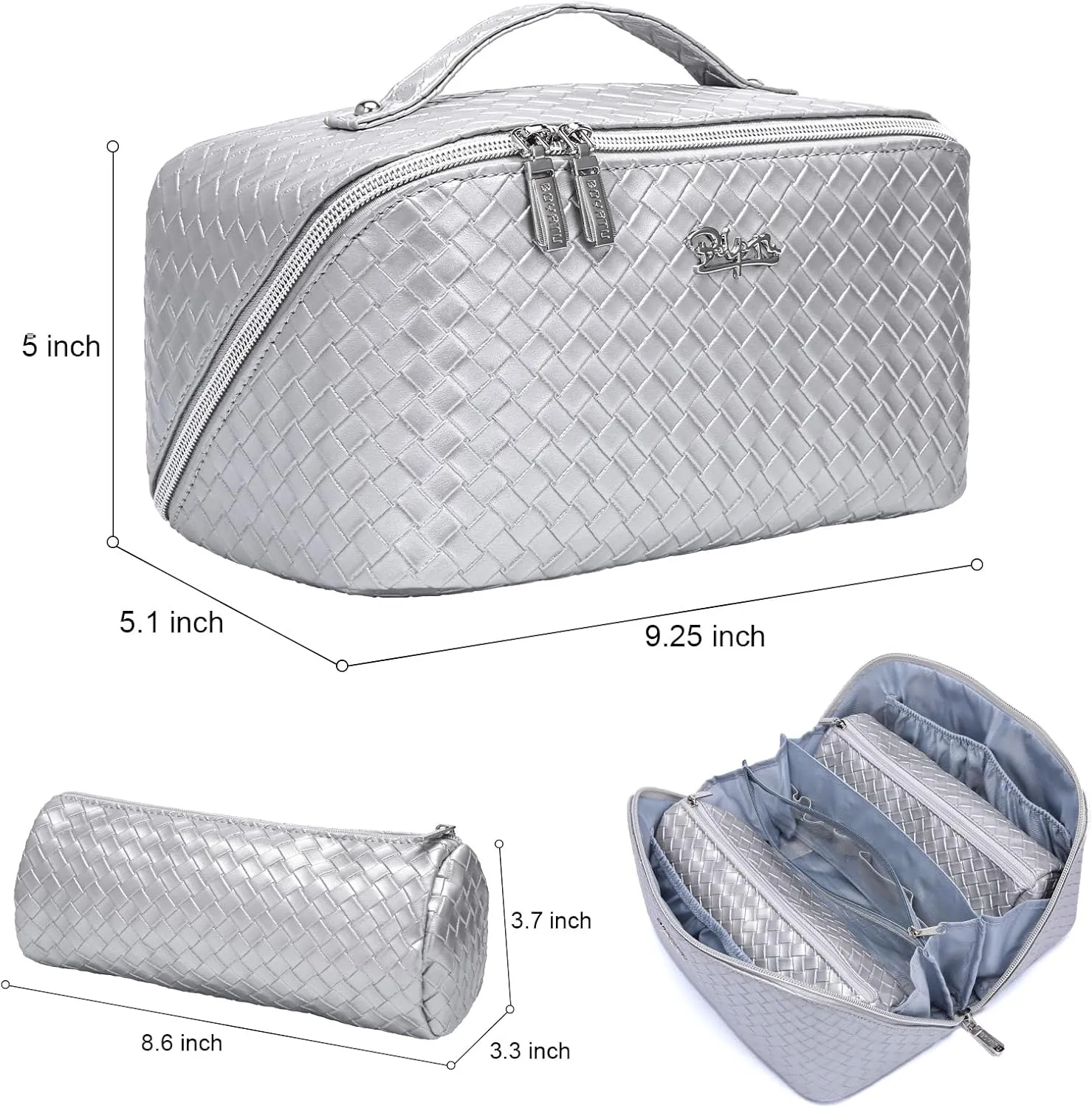 BOYATU Travel Makeup Bags for Women: 3 Piece Make up Bags Set - Large Cosmetic Bag - Vegan Leather Makeup Organizer for Traveling - Protable Toiletry Bag (L10 Silver)