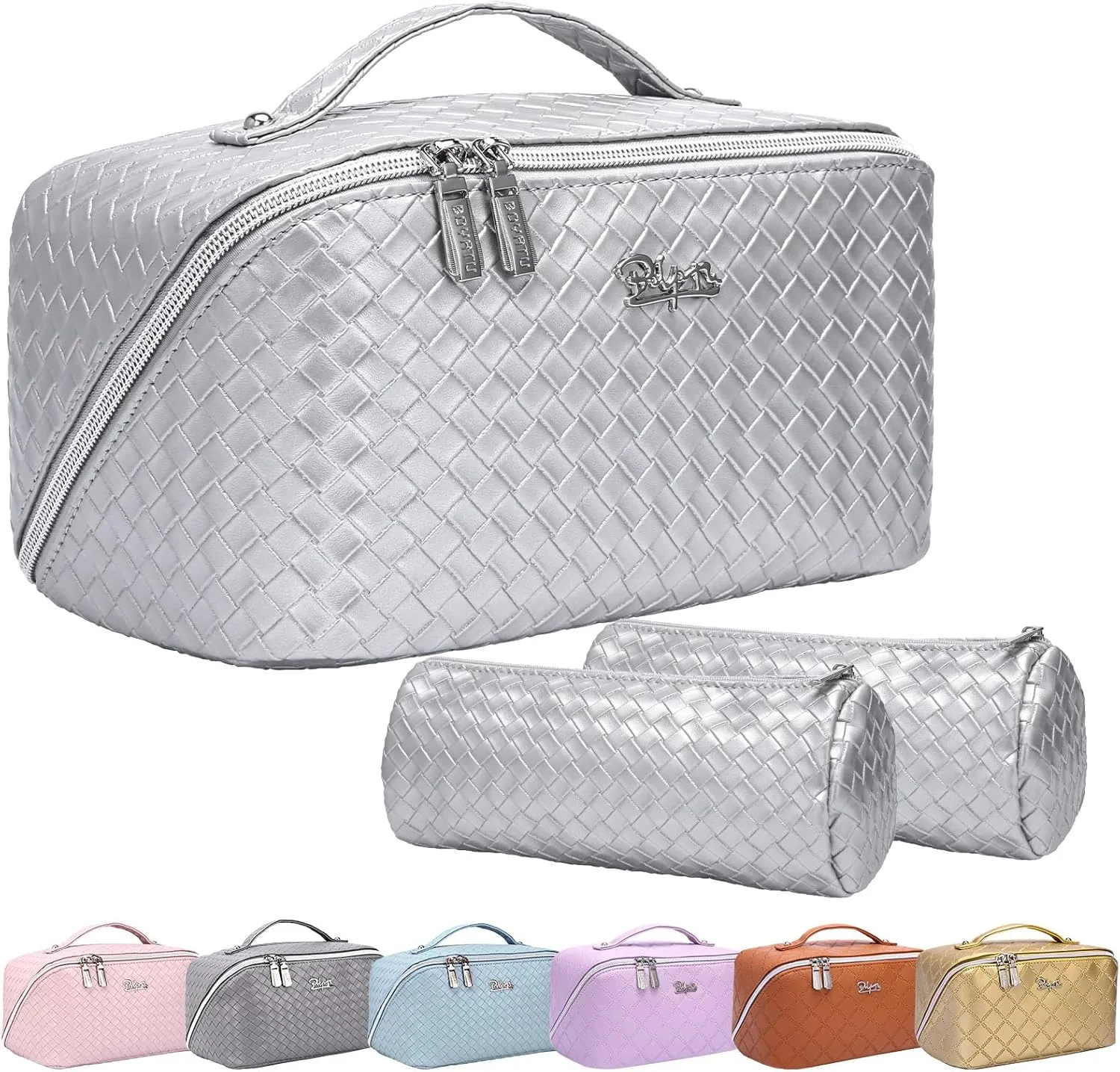 BOYATU Travel Makeup Bags for Women: 3 Piece Make up Bags Set - Large Cosmetic Bag - Vegan Leather Makeup Organizer for Traveling - Protable Toiletry Bag (L10 Silver)