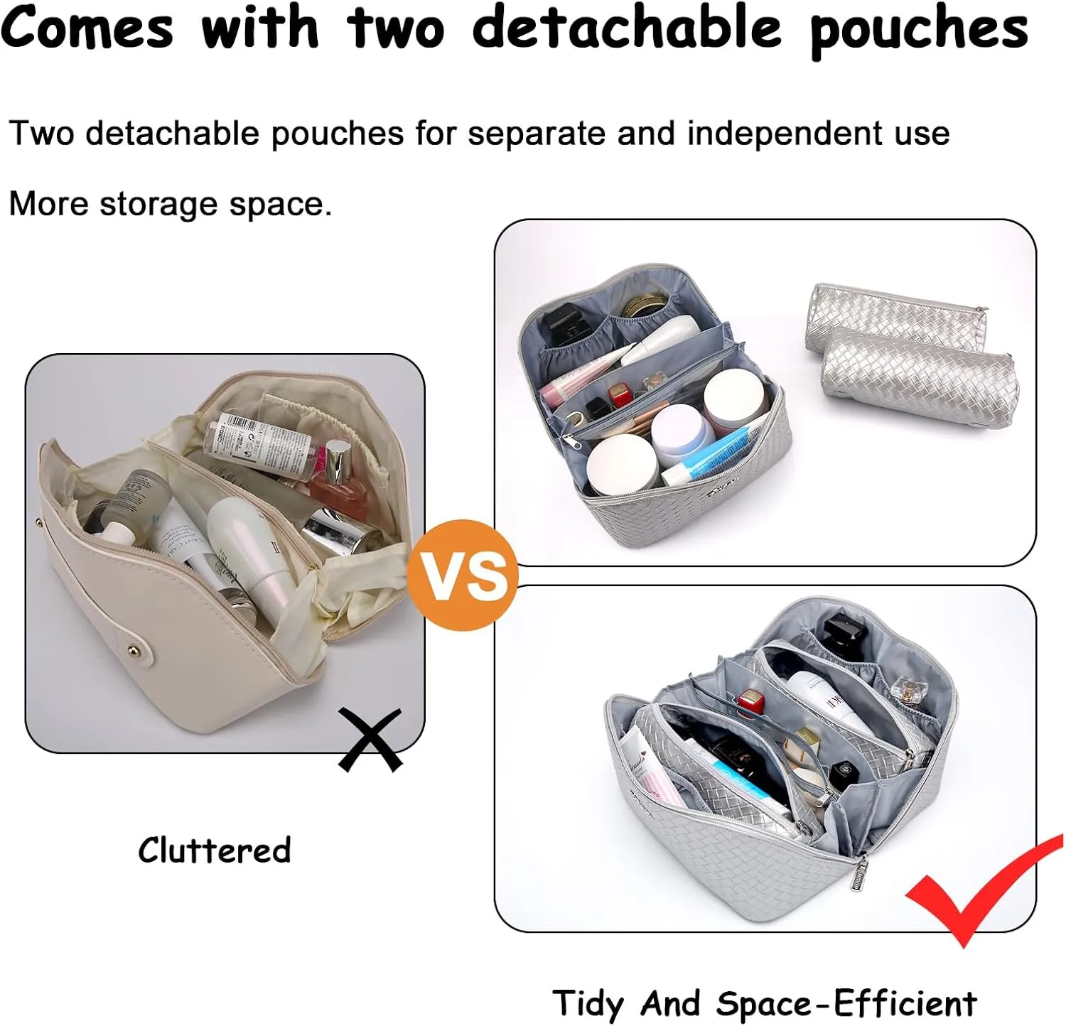 BOYATU Travel Makeup Bags for Women: 3 Piece Make up Bags Set - Large Cosmetic Bag - Vegan Leather Makeup Organizer for Traveling - Protable Toiletry Bag (L10 Silver)