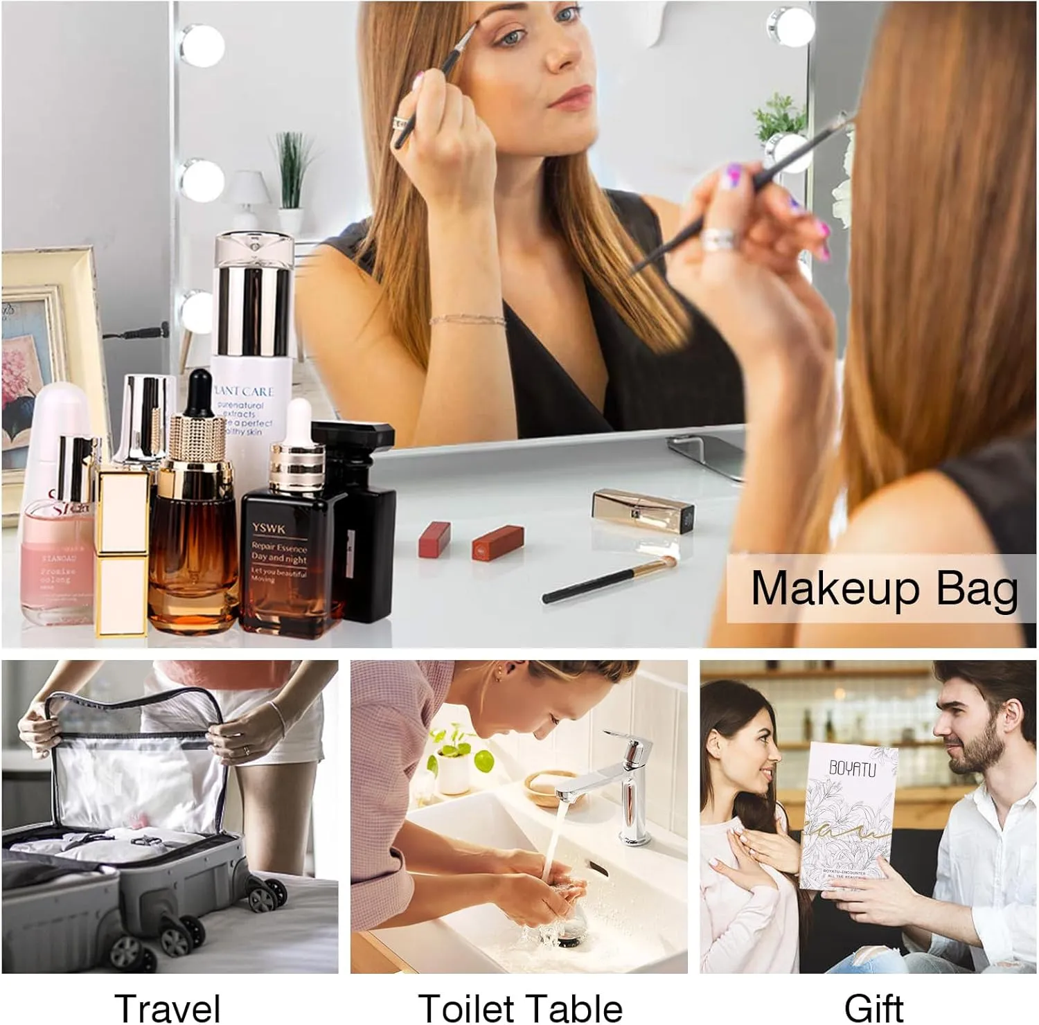 BOYATU Travel Makeup Bags for Women: 3 Piece Make up Bags Set - Large Cosmetic Bag - Vegan Leather Makeup Organizer for Traveling - Protable Toiletry Bag (L10 Silver)