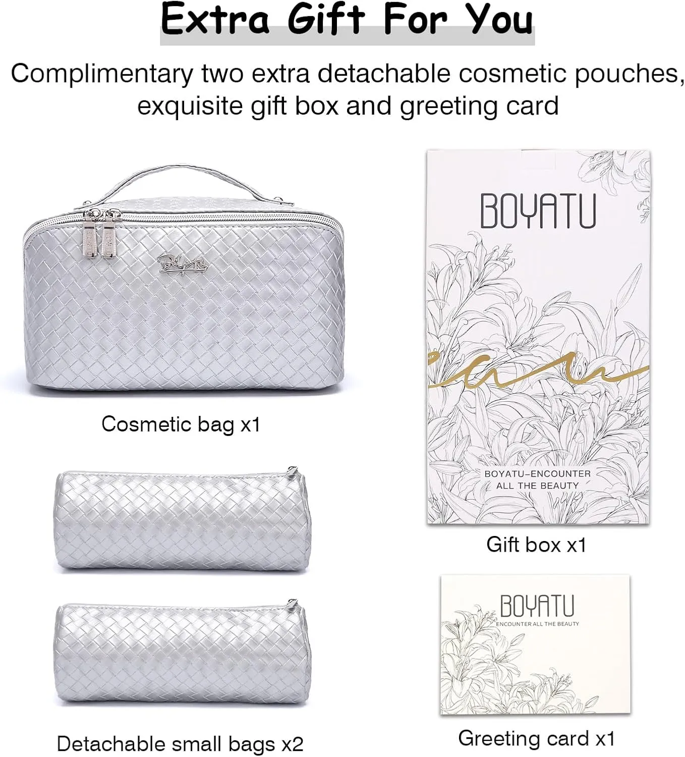 BOYATU Travel Makeup Bags for Women: 3 Piece Make up Bags Set - Large Cosmetic Bag - Vegan Leather Makeup Organizer for Traveling - Protable Toiletry Bag (L10 Silver)