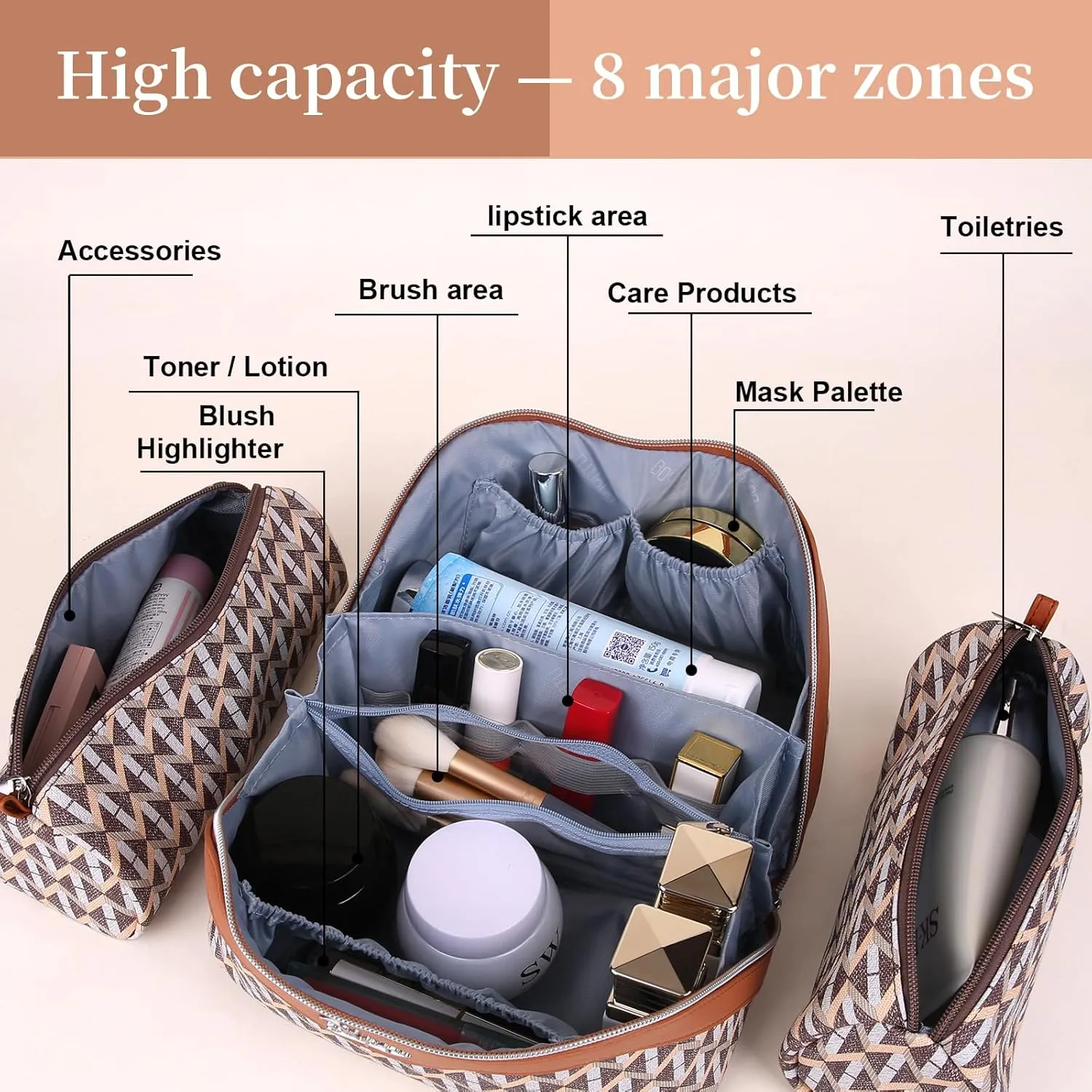 BOYATU Travel Makeup Bags for Women: Large Capacity Cosmetic Bag Set of 3 - Vegan Leather Make up Bags with Compartments - Wide Open Waterproof Toiletry Organizer Bag with Handle (03-Mocha Brown)
