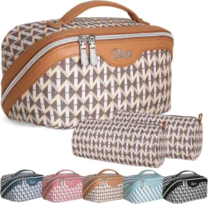BOYATU Travel Makeup Bags for Women: Large Capacity Cosmetic Bag Set of 3 - Vegan Leather Make up Bags with Compartments - Wide Open Waterproof Toiletry Organizer Bag with Handle (03-Mocha Brown)