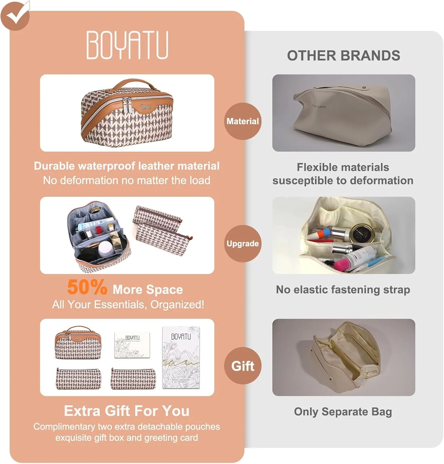 BOYATU Travel Makeup Bags for Women: Large Capacity Cosmetic Bag Set of 3 - Vegan Leather Make up Bags with Compartments - Wide Open Waterproof Toiletry Organizer Bag with Handle (03-Mocha Brown)