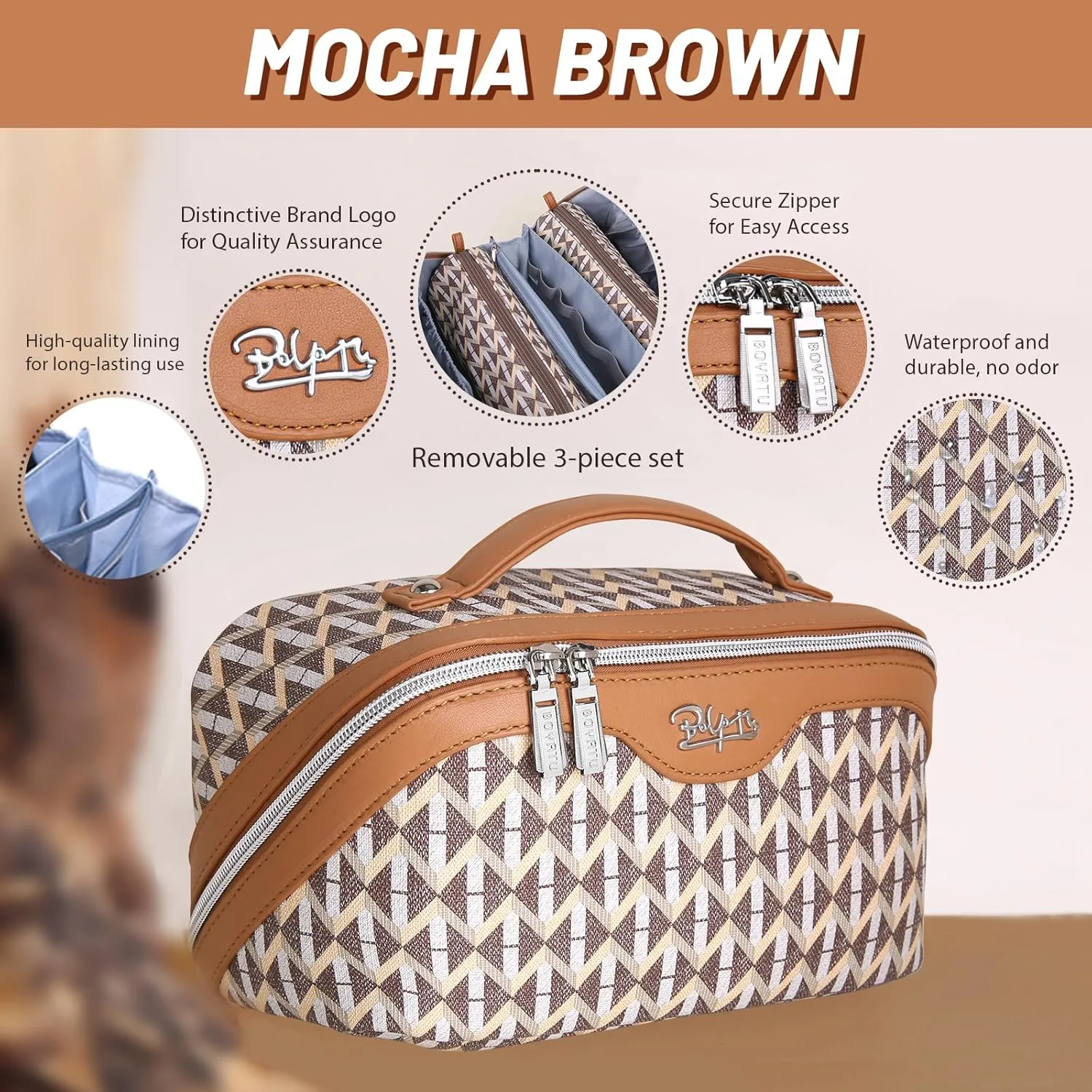 BOYATU Travel Makeup Bags for Women: Large Capacity Cosmetic Bag Set of 3 - Vegan Leather Make up Bags with Compartments - Wide Open Waterproof Toiletry Organizer Bag with Handle (03-Mocha Brown)