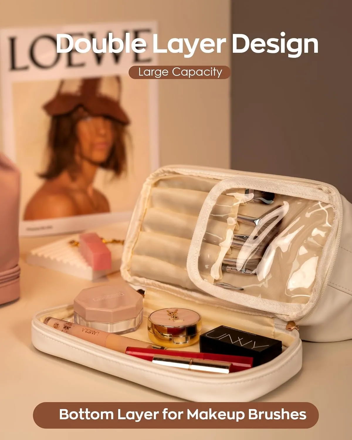 Bridal Party Gifts-Personalized Makeup Bags with Handle, Layer Cosmetic Bag, Travel Toiletry Bag with Makeup Brush Organizer, Graduation Gifts for Girls, Mothers Day Gifts for Wife