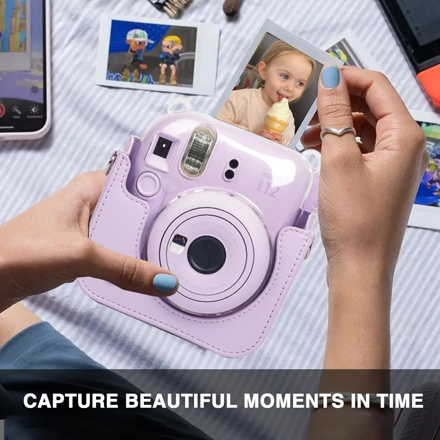 CAIYOULE Camera Bag for Fujifilm Instax Mini 12 Instant Film Camera and Clear Case Double Protection Camera and 10 Pcs Mini Photo Border Sticker(No Camera)-Purple
