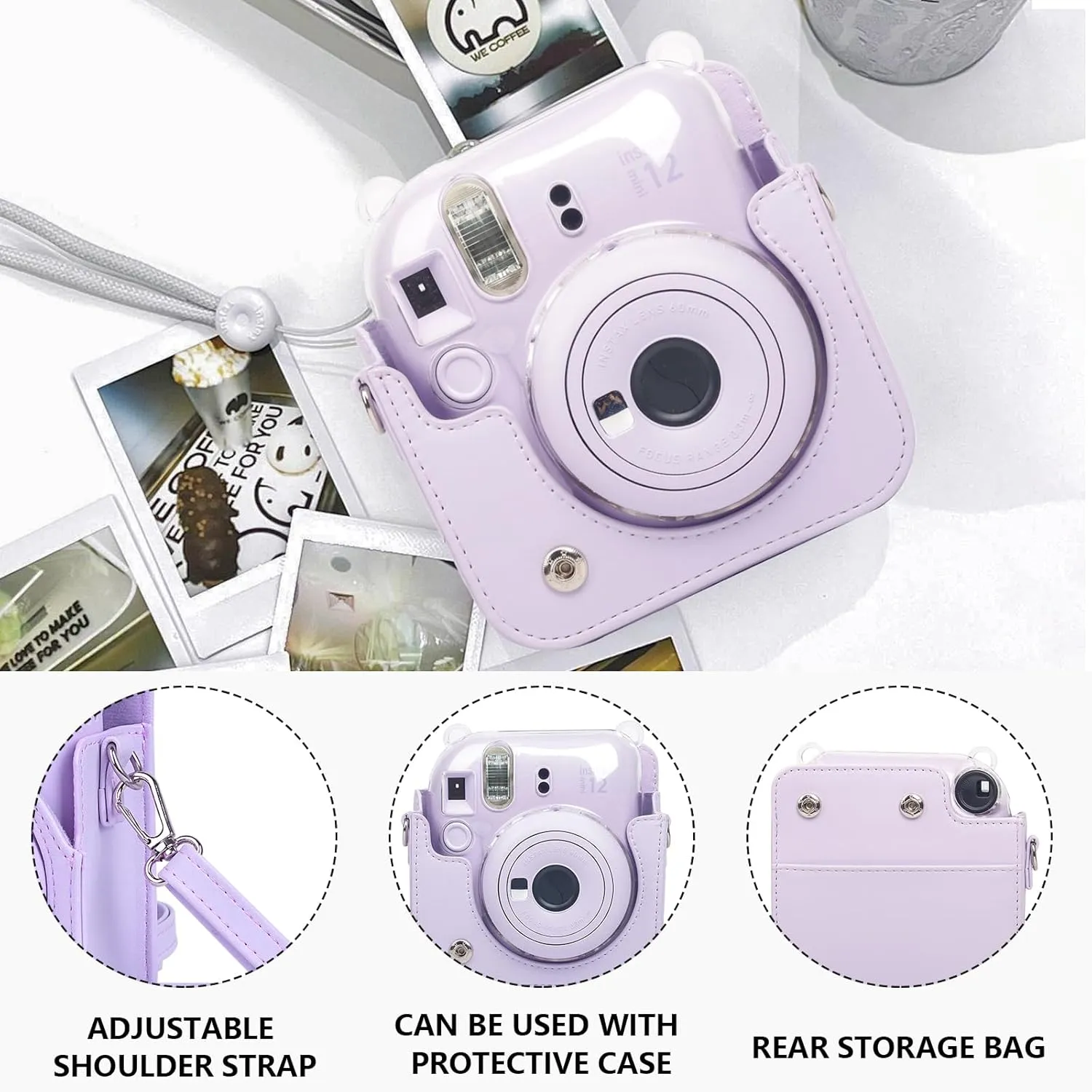 CAIYOULE Camera Bag for Fujifilm Instax Mini 12 Instant Film Camera and Clear Case Double Protection Camera and 10 Pcs Mini Photo Border Sticker(No Camera)-Purple