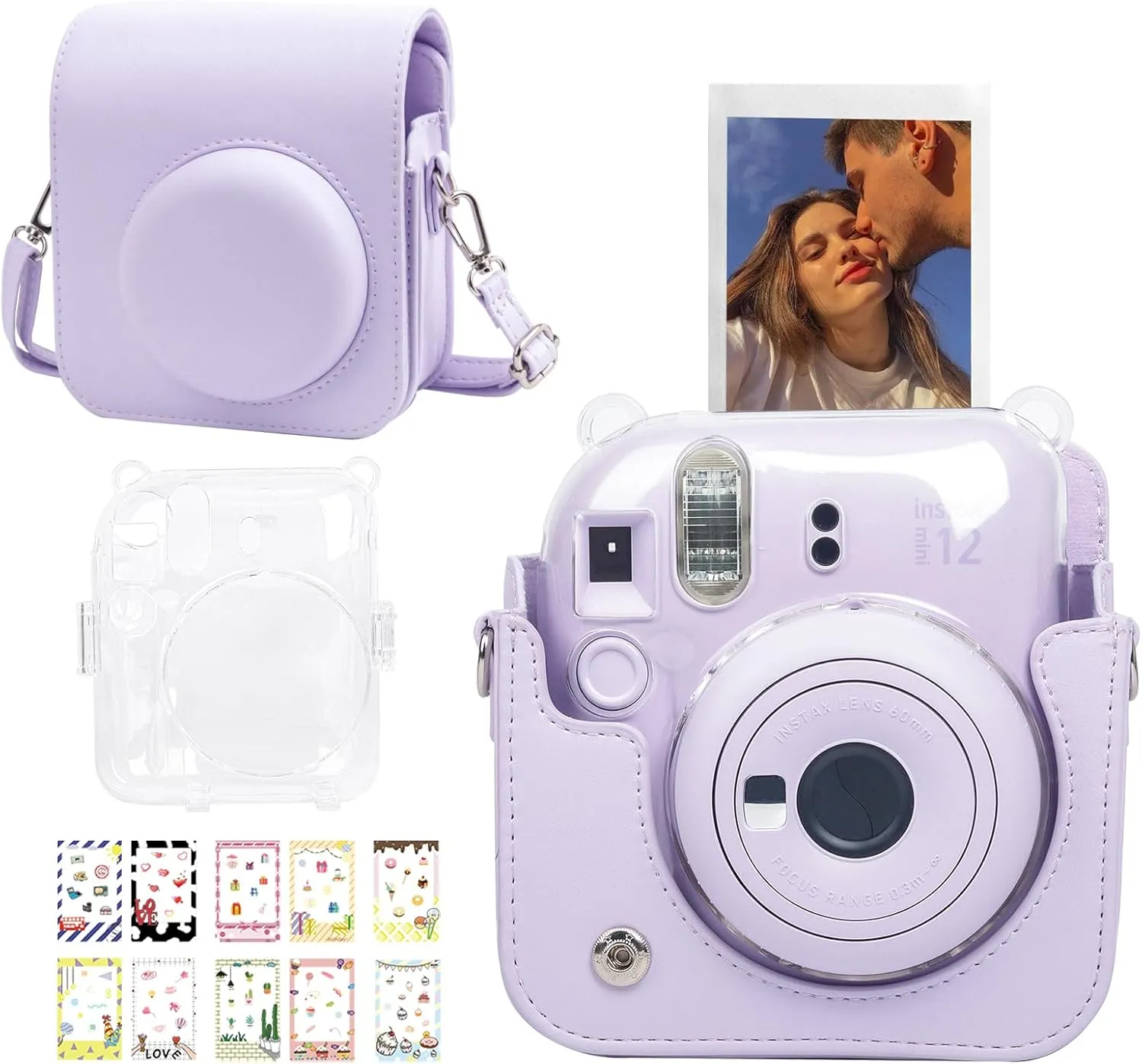 CAIYOULE Camera Bag for Fujifilm Instax Mini 12 Instant Film Camera and Clear Case Double Protection Camera and 10 Pcs Mini Photo Border Sticker(No Camera)-Purple