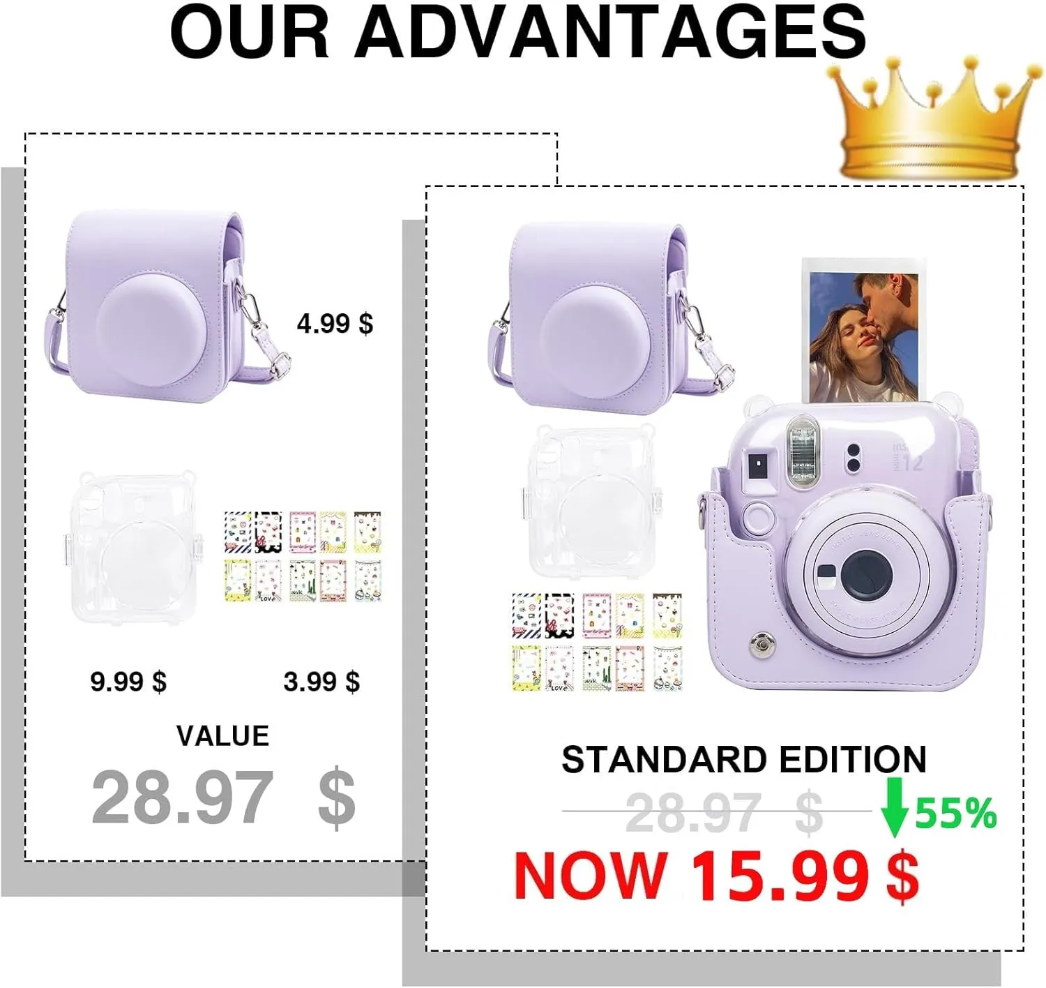 CAIYOULE Camera Bag for Fujifilm Instax Mini 12 Instant Film Camera and Clear Case Double Protection Camera and 10 Pcs Mini Photo Border Sticker(No Camera)-Purple