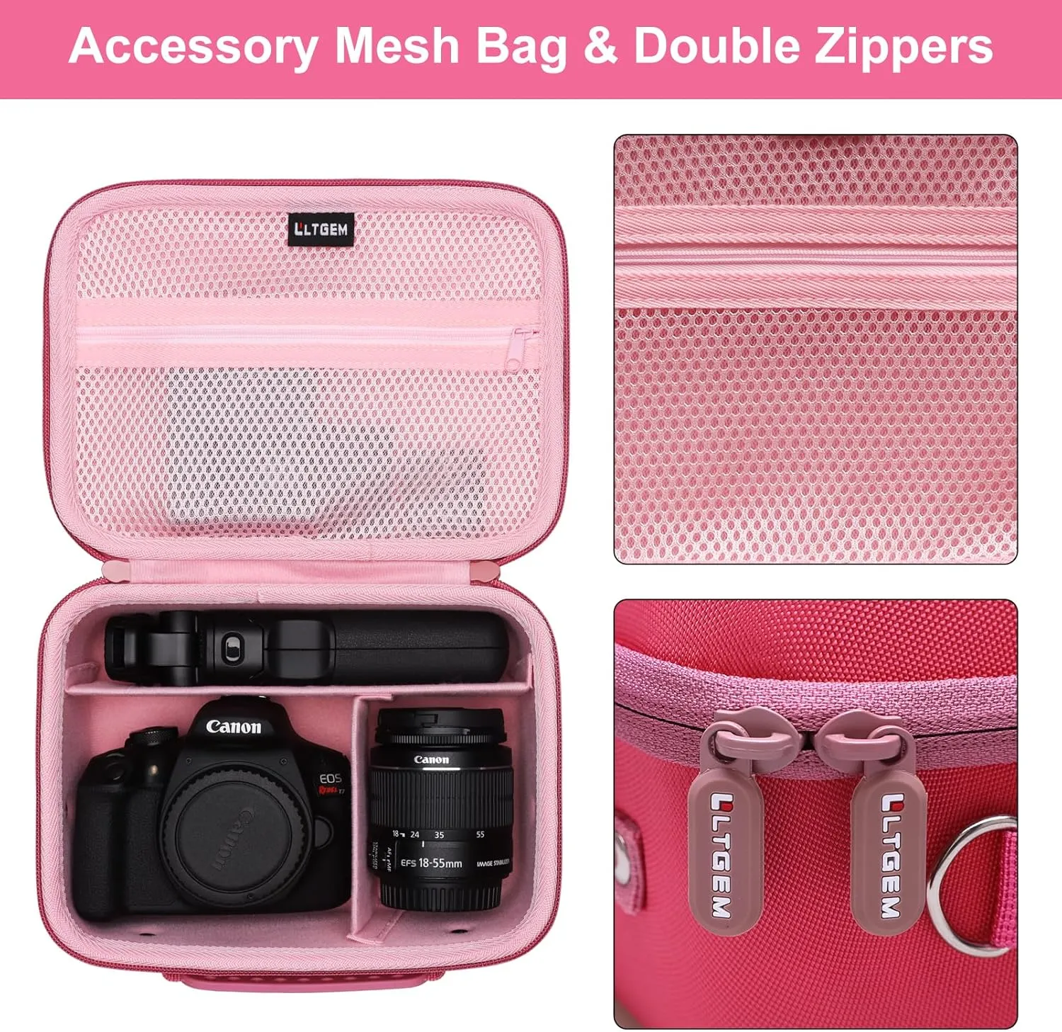 Camera Case Compatible with Canon EOS Rebel T7 / R100 / R50 / R5 / R6 Mark II / R7 / R8 / 90D / 5D Mark IV, Sony, DSLR Camera, Lens, Tripod, with 4 Pieces of Dividers and Shoulder Strap, Magenta Pink