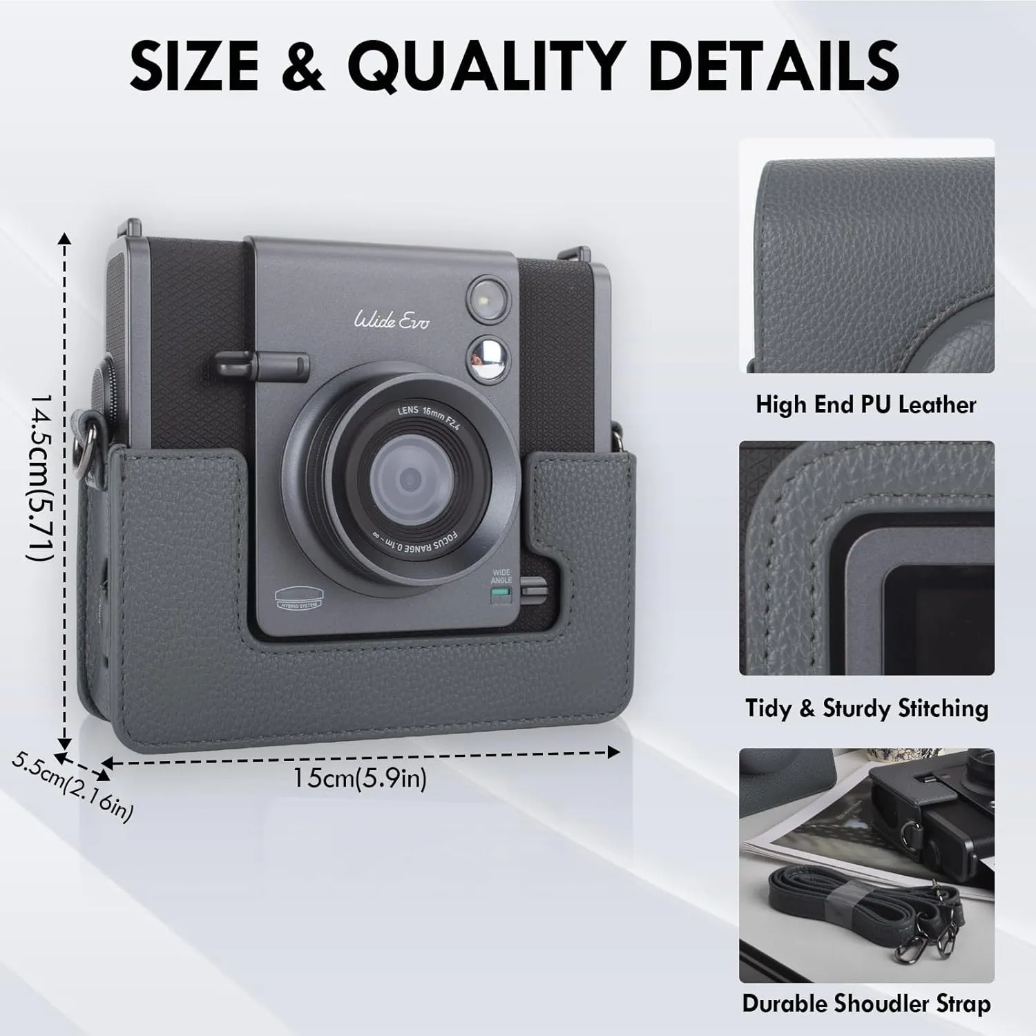 Camera Case Compatible with Fujifilm Instax Wide EVO, for INSTAX Wide EVO Case Crry Bag Lychee Texture Cover with Adjustable Shoulder Strap - Classy Gray