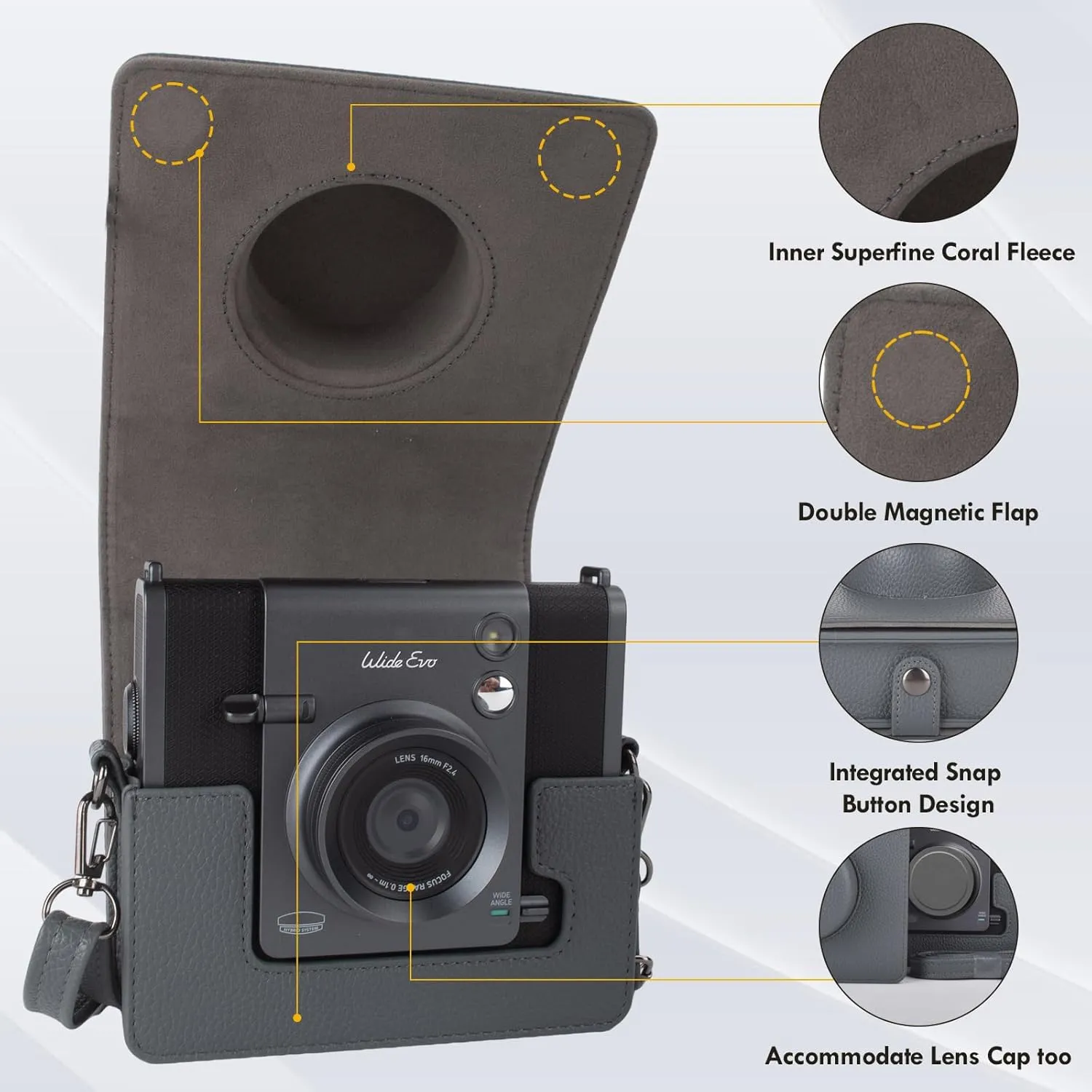 Camera Case Compatible with Fujifilm Instax Wide EVO, for INSTAX Wide EVO Case Crry Bag Lychee Texture Cover with Adjustable Shoulder Strap - Classy Gray