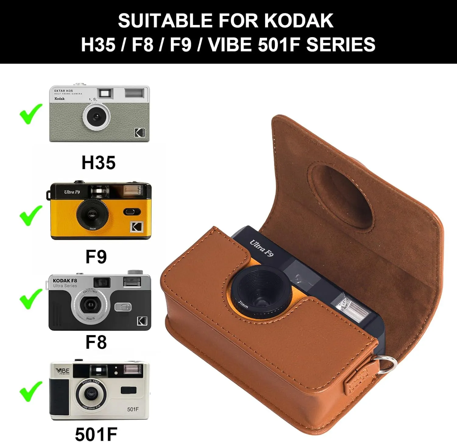 Camera Case for KODAK EKTAR H35 H35N/F8/F9/VIBE 501F Half Frame Film Camera, PU Leather Camera Case for KODAK Camera Carrying Protective Case with Shoulder Strap (No Camera) - Brown