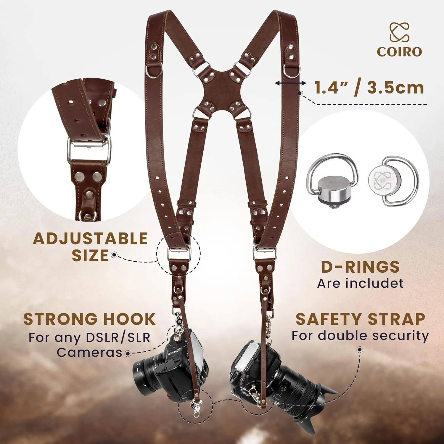 Camera Harness for 2 Cameras – Dual Shoulder Leather Camera Strap – Double Camera Harness for DSLR/SLR, Camera Straps for Photographers of All Levels, Standard Straps/Color Brown