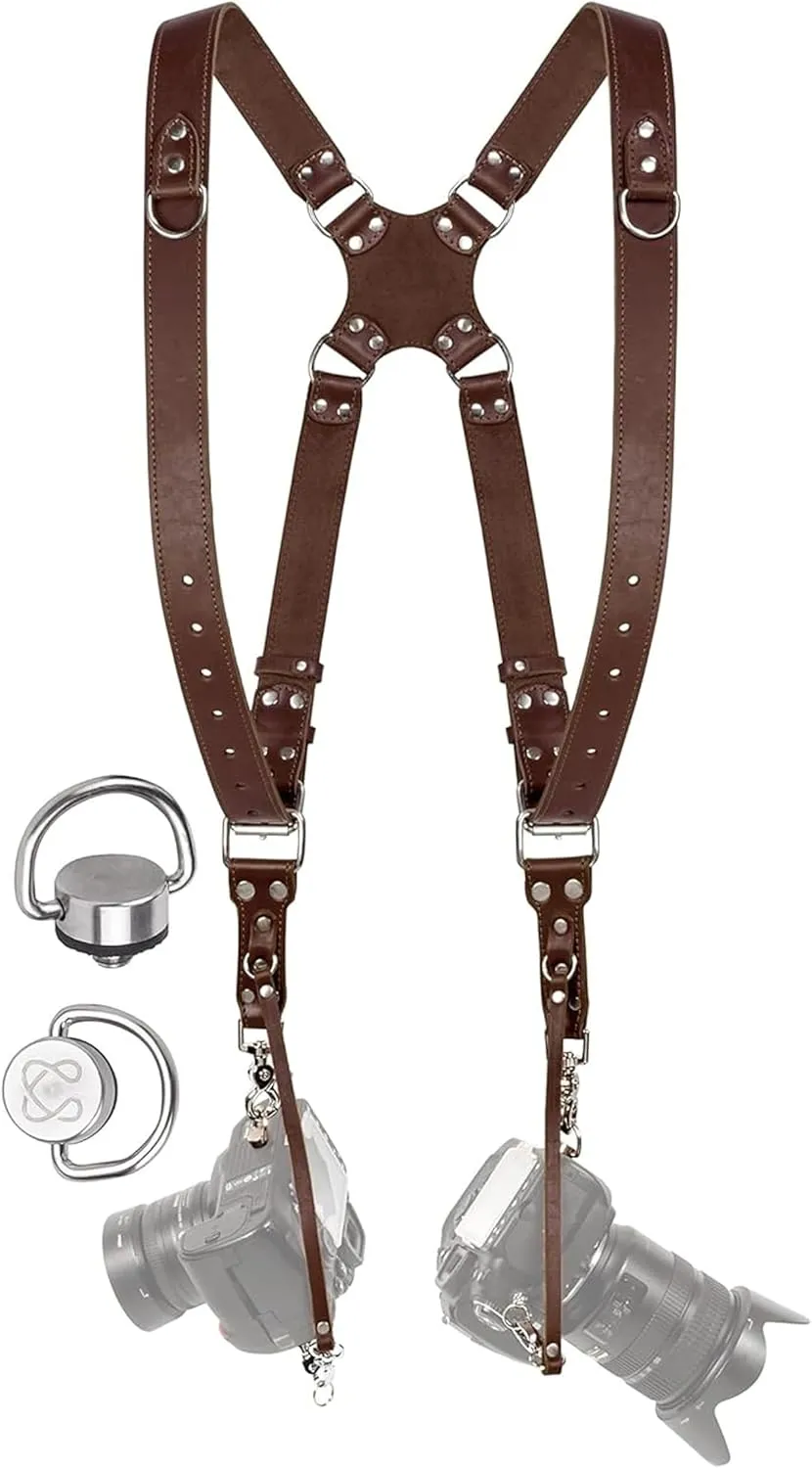 Camera Harness for 2 Cameras – Dual Shoulder Leather Camera Strap – Double Camera Harness for DSLR/SLR, Camera Straps for Photographers of All Levels, Standard Straps/Color Brown
