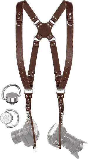 Camera Harness for 2 Cameras – Dual Shoulder Leather Camera Strap – Double Camera Harness for DSLR/SLR, Camera Straps for Photographers of All Levels, Standard Straps/Color Brown