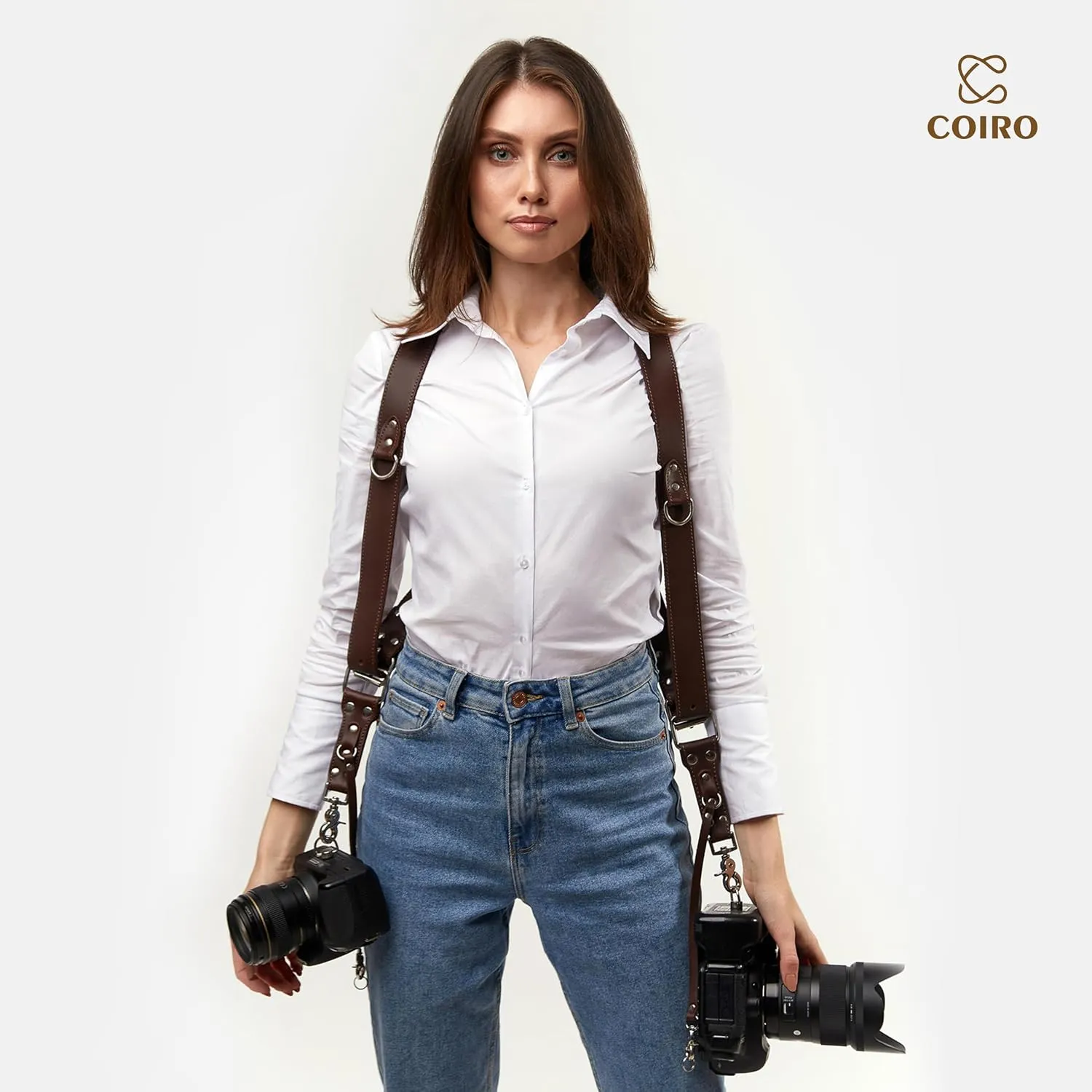 Camera Harness for 2 Cameras – Dual Shoulder Leather Camera Strap – Double Camera Harness for DSLR/SLR, Camera Straps for Photographers of All Levels, Standard Straps/Color Brown