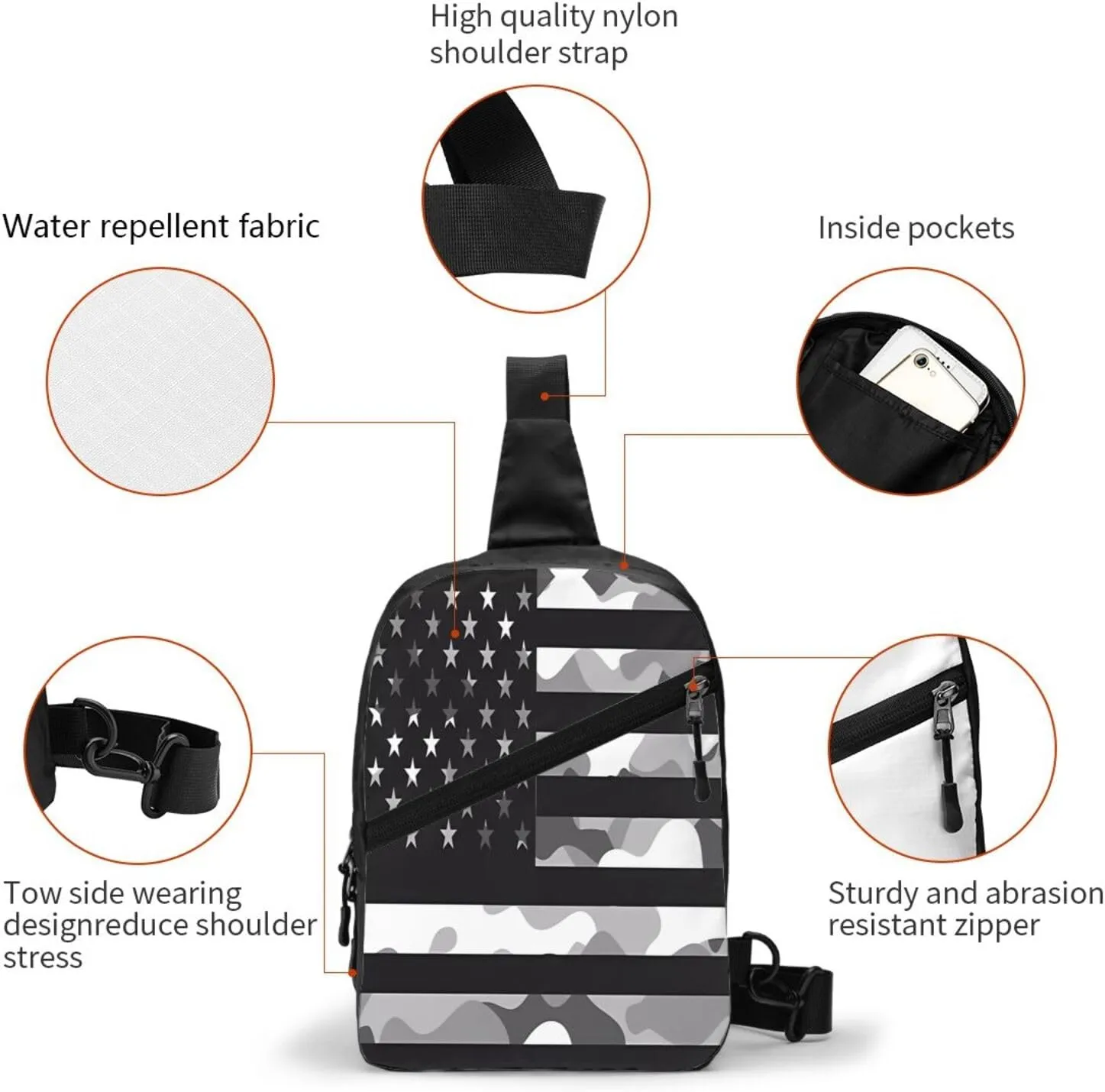 Camouflage Gray Camo American Flag Portable Sling Bags Packable Crossbody Bag Foldable Sport Daypack Reusable Shoulder Backpack Diagonally Chest Bag for Workout Travel