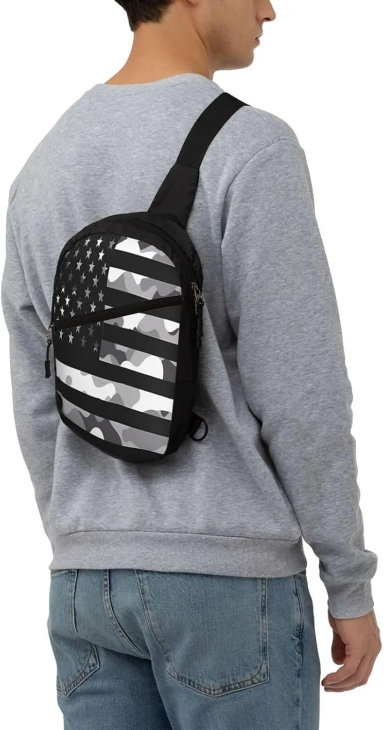 Camouflage Gray Camo American Flag Portable Sling Bags Packable Crossbody Bag Foldable Sport Daypack Reusable Shoulder Backpack Diagonally Chest Bag for Workout Travel