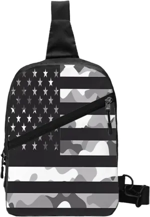 Camouflage Gray Camo American Flag Portable Sling Bags Packable Crossbody Bag Foldable Sport Daypack Reusable Shoulder Backpack Diagonally Chest Bag for Workout Travel