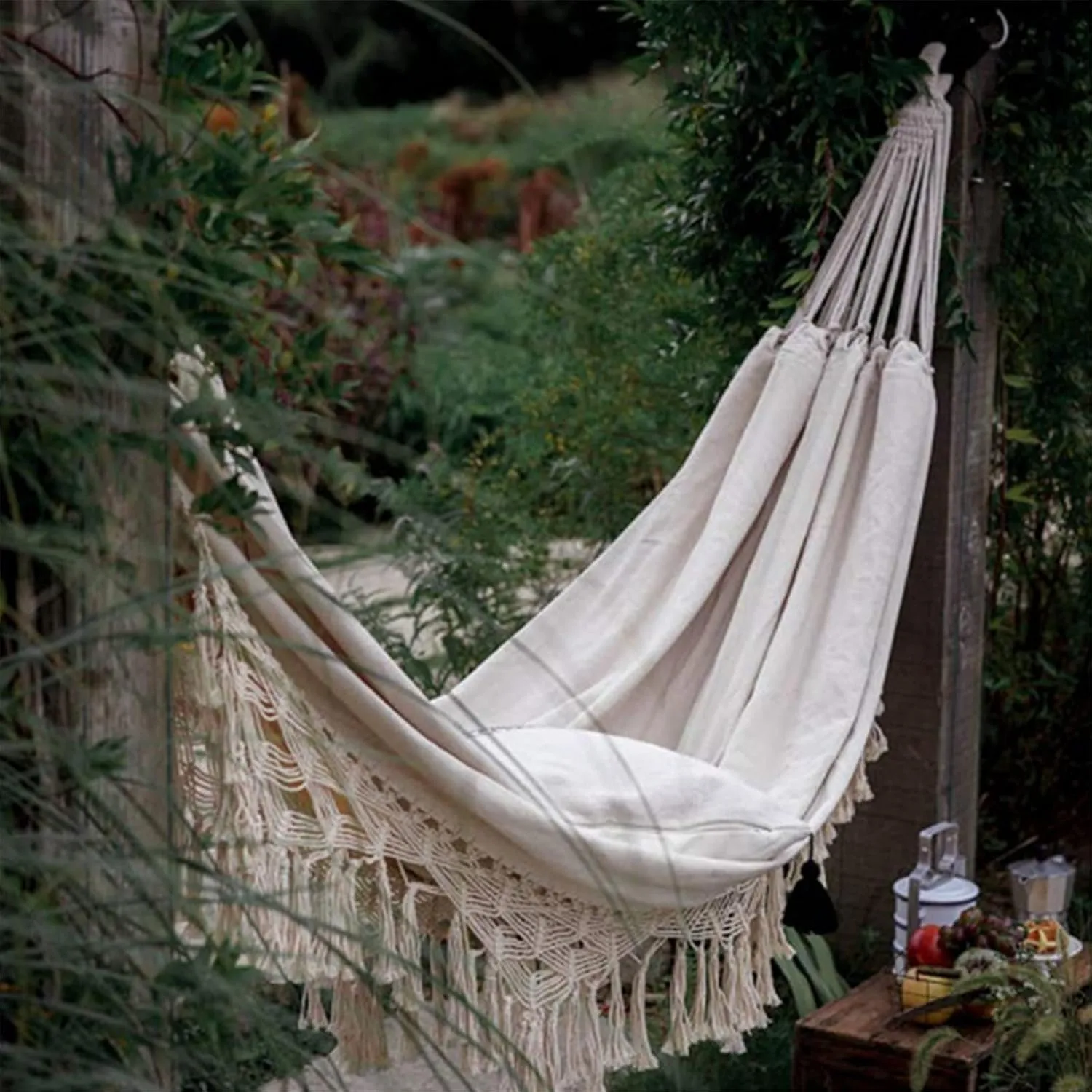 Camping Hammock Camping Double Hammocks Canvas Tassel Outdoor Backyard Swing Beds for Outdoor Garden