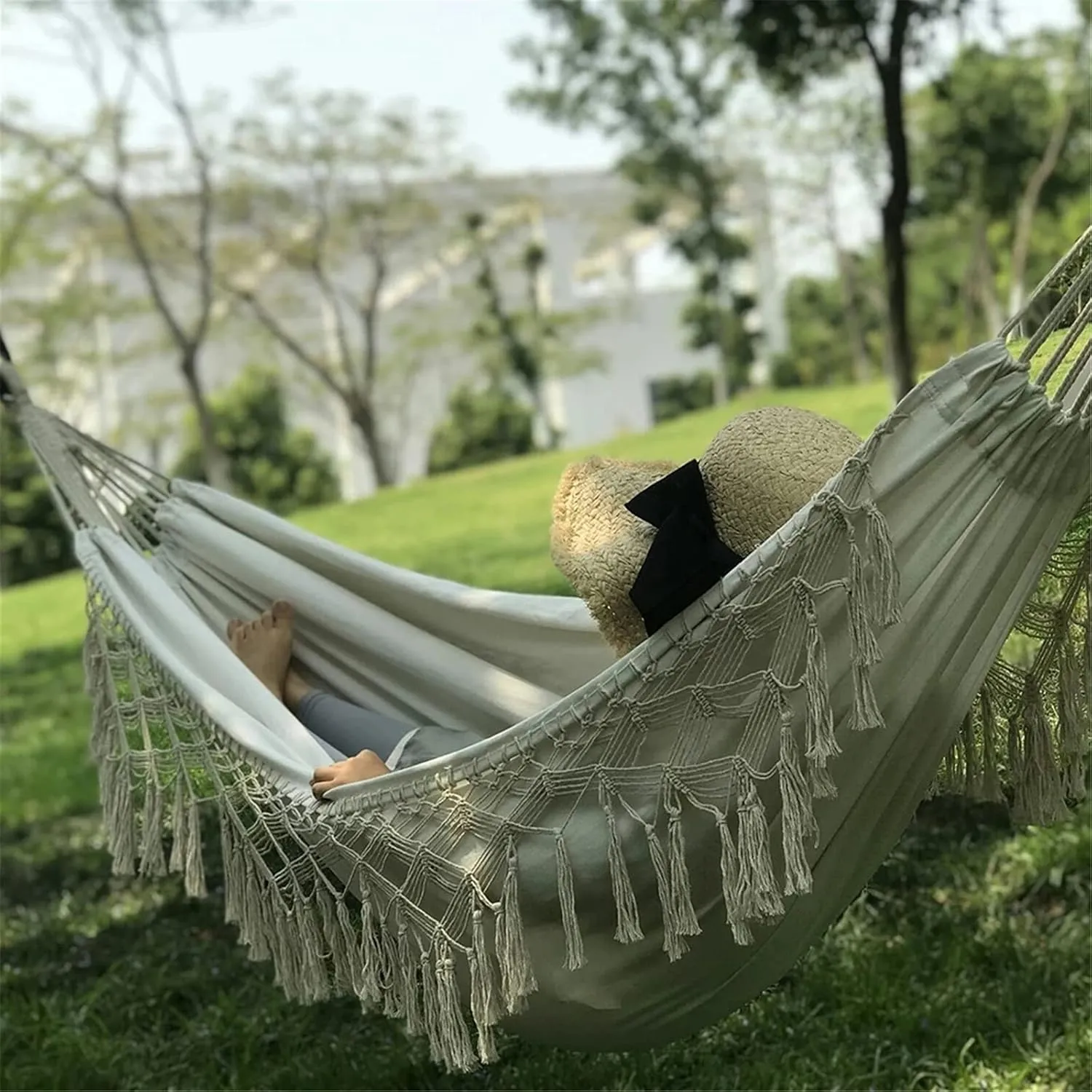 Camping Hammock Camping Double Hammocks Canvas Tassel Outdoor Backyard Swing Beds for Outdoor Garden