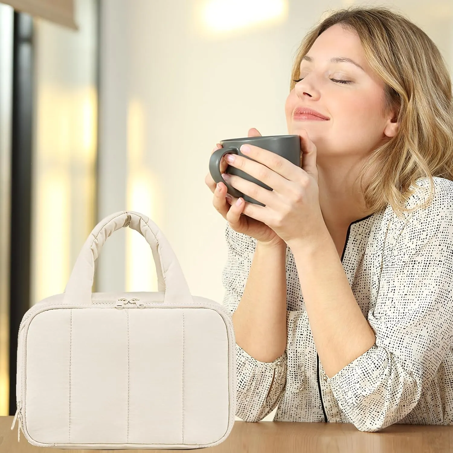 CAMTOP Travel Toiletry Bag for Women Travel Toiletry Organizer Lightweight Large Wide-open Makeup Bag Large Capacity Qulited Cosmetic Bag Puffy for Essentials Organizer (Beige)