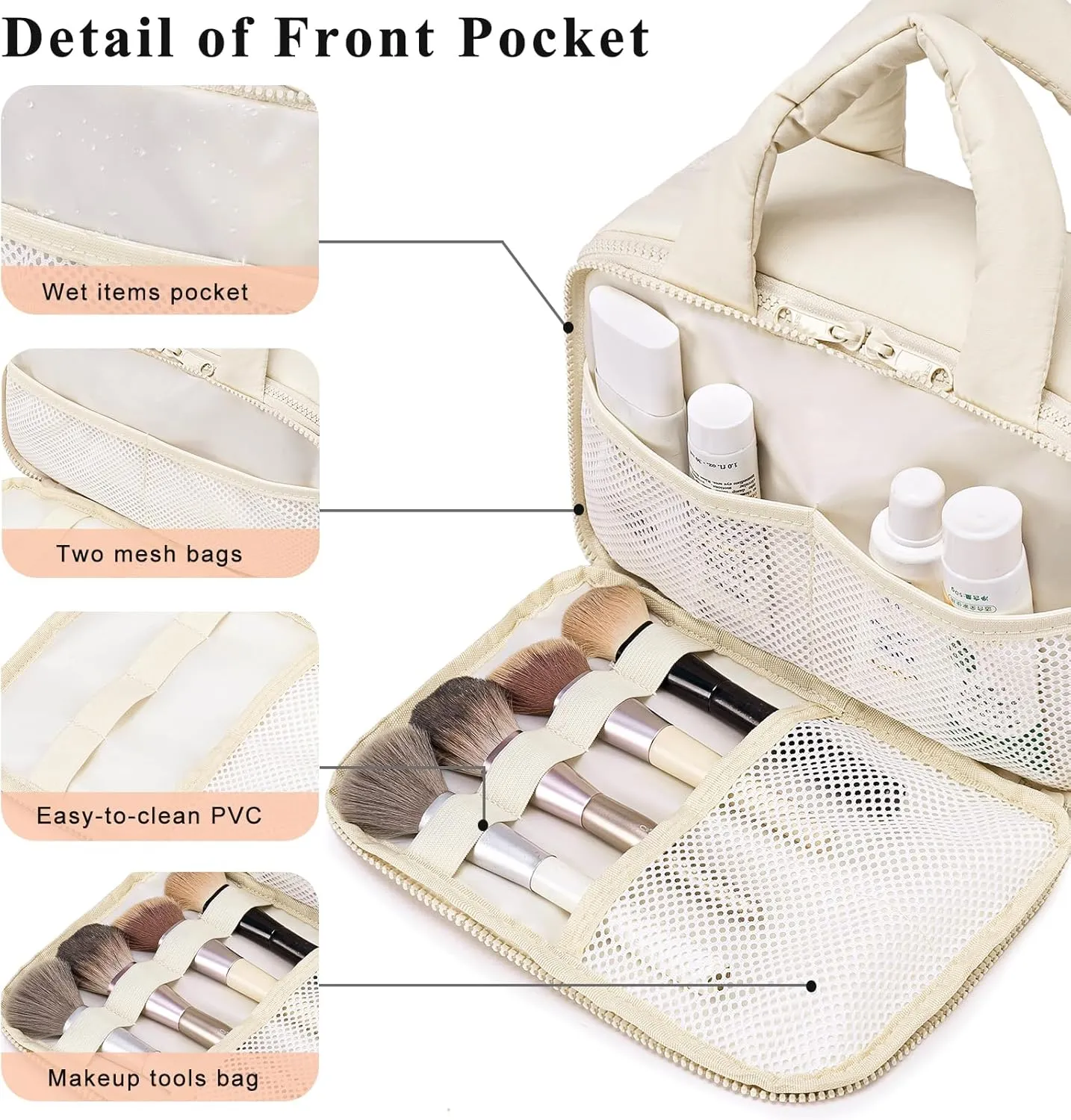 CAMTOP Travel Toiletry Bag for Women Travel Toiletry Organizer Lightweight Large Wide-open Makeup Bag Large Capacity Qulited Cosmetic Bag Puffy for Essentials Organizer (Beige)