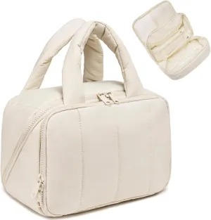 CAMTOP Travel Toiletry Bag for Women Travel Toiletry Organizer Lightweight Large Wide-open Makeup Bag Large Capacity Qulited Cosmetic Bag Puffy for Essentials Organizer (Beige)