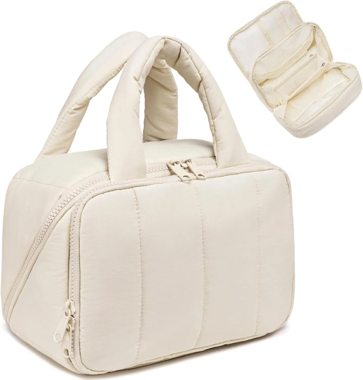 CAMTOP Travel Toiletry Bag for Women Travel Toiletry Organizer Lightweight Large Wide-open Makeup Bag Large Capacity Qulited Cosmetic Bag Puffy for Essentials Organizer (Beige)