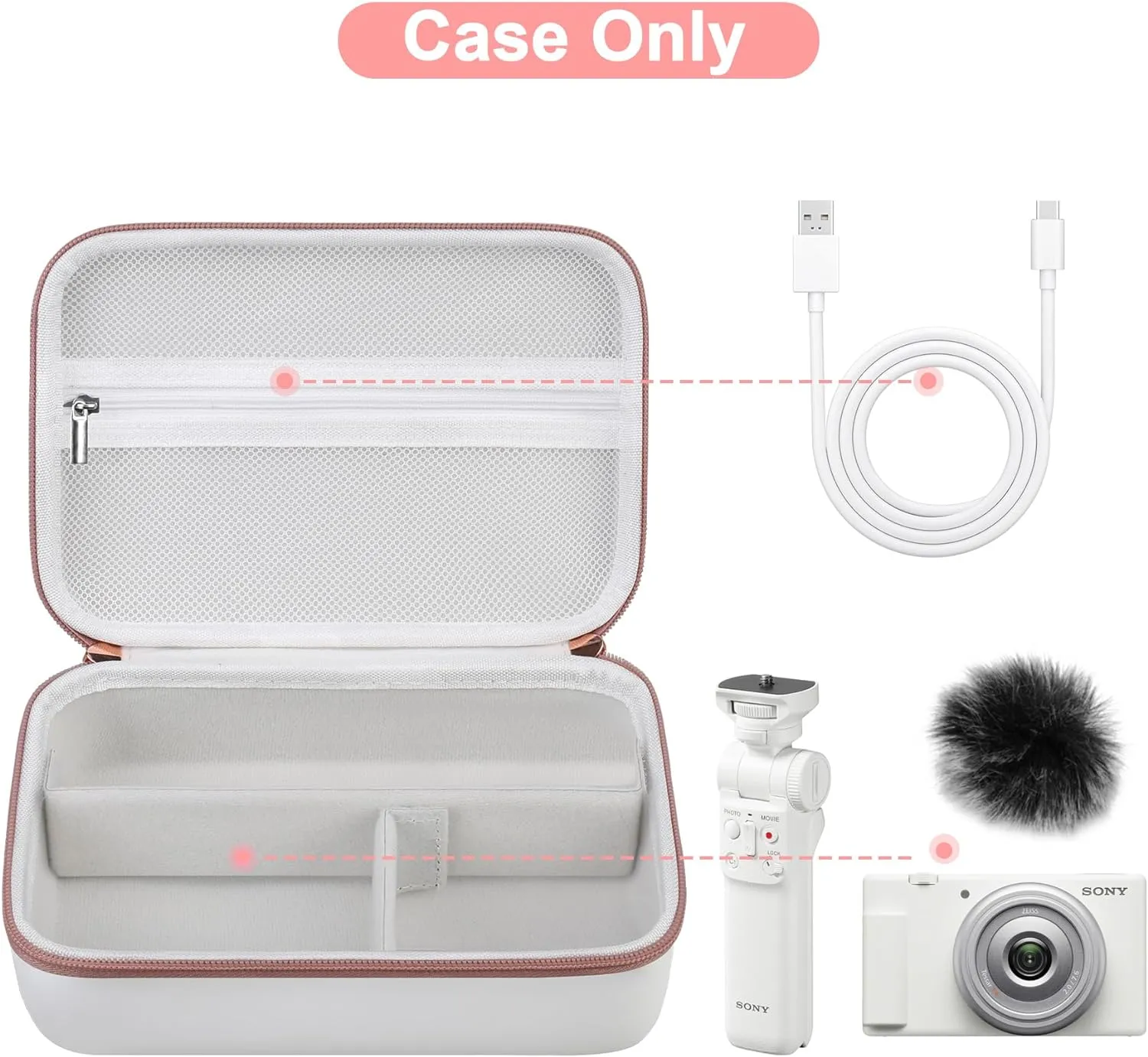 Canboc Carrying Camera Case for Sony ZV-1/ZV-1F/ZV-1 II Vlog Digital & Vlogger Accessory Kit Tripod, Travel Storage Bag with Strap, Mesh Pocket fit Cable, White
