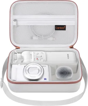 Canboc Carrying Camera Case for Sony ZV-1/ZV-1F/ZV-1 II Vlog Digital & Vlogger Accessory Kit Tripod, Travel Storage Bag with Strap, Mesh Pocket fit Cable, White