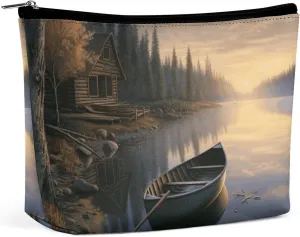 Canoe by The Water PU Leather Travel Makeup Bag Mini Pocket Cosmetic Bag for Women Portable Handbag Closure Organizer Makeup Case Toiletry Bag