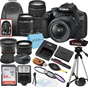 Canon EOS 2000D / Rebel T7 DSLR Camera with EF-S 18-55mm   EF 75-300mm Daul Lens   SanDisk 64GB Memory Card   Tripod   Case   Wideangle Lenses   ZeeTech Accessory Bundle (21pc Bundle) (Renewed)