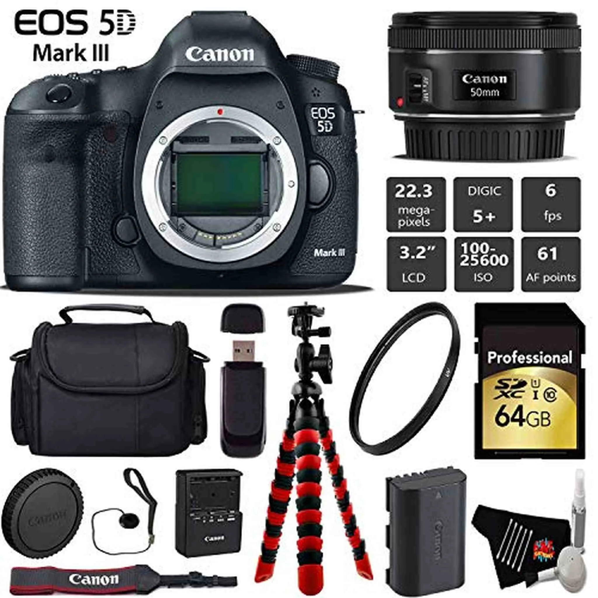 Canon EOS 5D Mark III DSLR Camera with 50mm f/1.8 STM Lens   Wireless Remote   UV Protection Filter   Case   Wrist Strap Pro Bundle