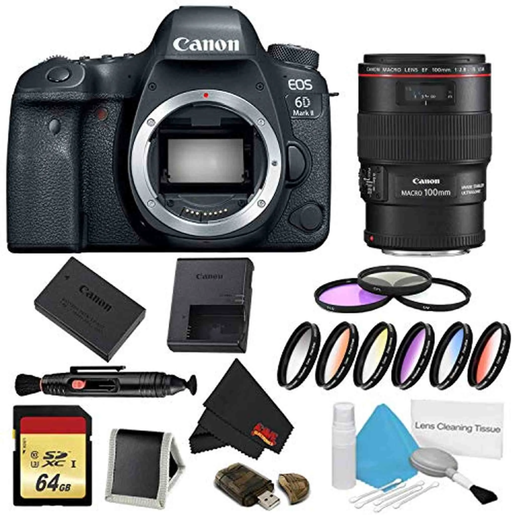 Canon EOS 6D Mark II DSLR Camera (Body Only) 9 Piece Filter w/Memory Bundle   EF 100mm f/2.8L Macro is USM Lens - Intern