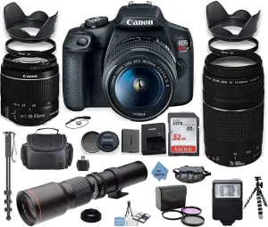 Canon EOS Rebel 2000D DSLR Camera with 18-55mm is II Lens Bundle   Canon EF 75-300mm f/4-5.6 III Lens and 500mm Preset Lens   32GB Memory   Filters   Monopod   TOP KNOTCH Cloth (Renewed)