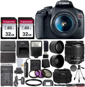 Canon EOS Rebel T7 Digital SLR Camera with EF-S 18-55mm f/3.5-5.6 is STM Lens   64GB Memory Card   Wide Angle and Telephoto Lens   Tripod   Extra Battery   Remote   Slave Flash (Renewed)