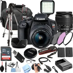 Canon EOS Rebel T7 DSLR Camera Kit with EF18-55mm Lens   64Gb Memory, LED Video Light, Case, Tripod, Filters, Grip & More(30pc Bundle) (Renewed)
