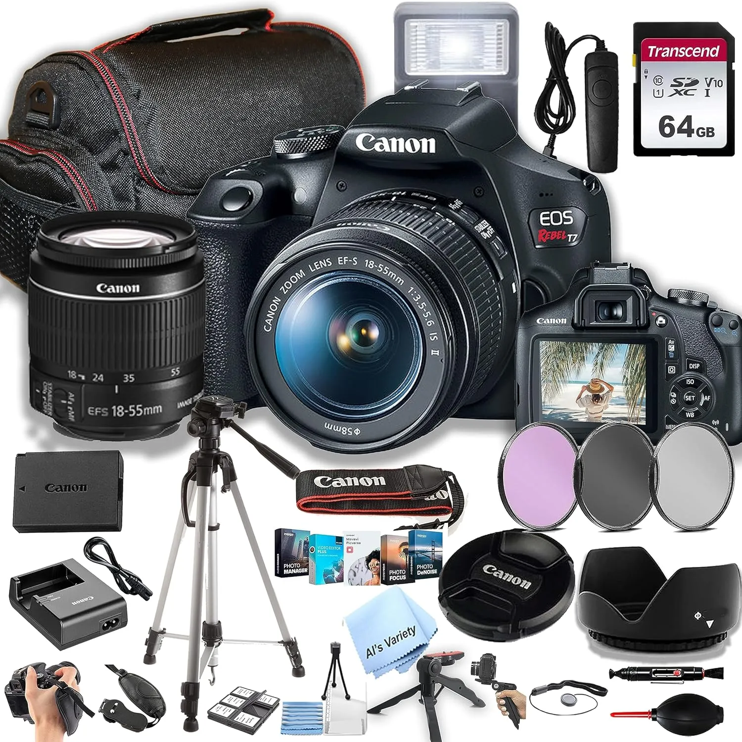 Canon EOS Rebel T7 DSLR Camera w/EF-S 18-55mm F/3.5-5.6 is II Zoom Lens   64GB Memory, Filters,Case, Tripod, Flash, Remote, and More (35pc Bundle) (Renewed)