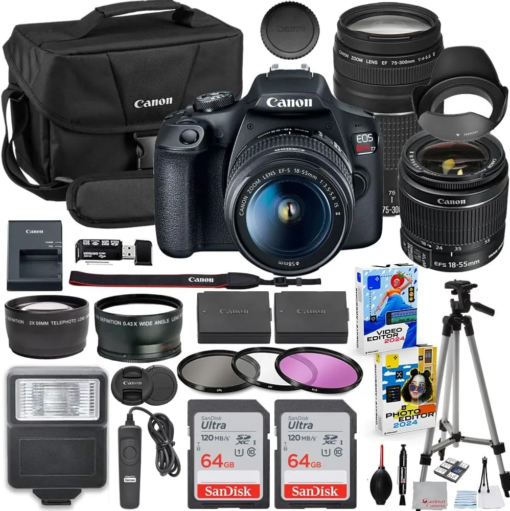 Canon EOS Rebel T7 DSLR Camera with 18-55mm & 75-300mm Lens Bundle with Extra Canon Battery & 200ES EOS Shoulder Bag   2x 64GB Memory Cards   Accessory Kit including Flash, Aux Lenses, Software & More