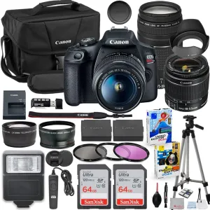 Canon EOS Rebel T7 DSLR Camera with 18-55mm & 75-300mm Lens Bundle with Extra Canon Battery & 200ES EOS Shoulder Bag   2x 64GB Memory Cards   Accessory Kit including Flash, Aux Lenses, Software & More