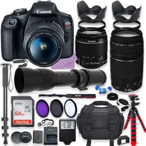 Canon EOS Rebel T7 DSLR Camera with 18-55mm is II Lens & Canon EF 75-300mm III Lens Bundle   420-800mm Zoom Lens   64GB Ultra Memory   Filters   Monopod (Renewed)
