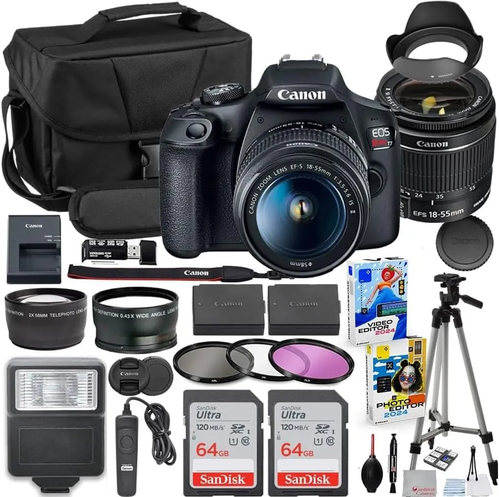 Canon EOS Rebel T7 DSLR Camera with 18-55mm Lens Bundle with Extra Canon Battery & 200ES EOS Shoulder Bag   2X 64GB Memory Cards   Accessory Kit Including Flash, Remote, Aux Lenses, Software & More