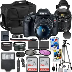 Canon EOS Rebel T7 DSLR Camera with 18-55mm Lens Bundle with Extra Canon Battery & 200ES EOS Shoulder Bag   2X 64GB Memory Cards   Accessory Kit Including Flash, Remote, Aux Lenses, Software & More