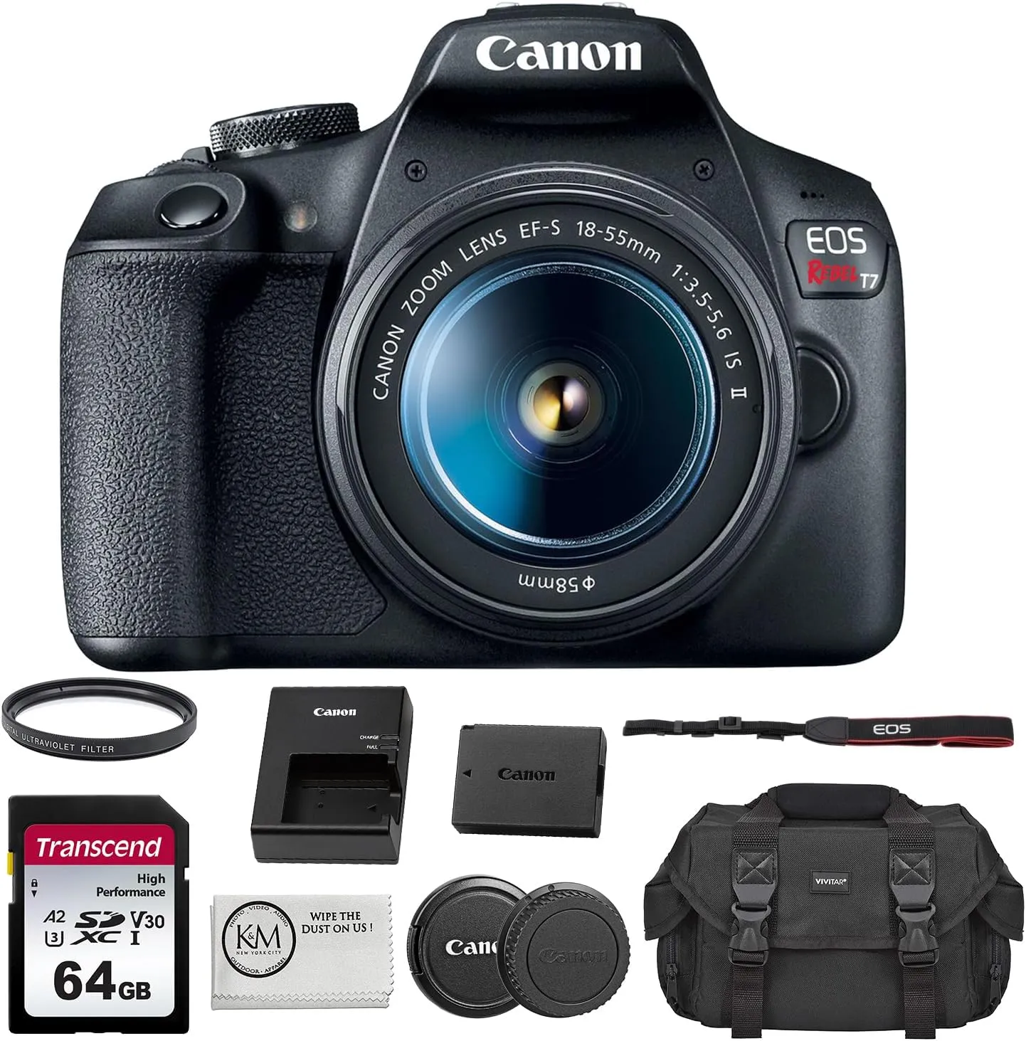 Canon EOS Rebel T7 DSLR Camera with 18-55mm Lens Bundled with 64GB Memory Card   Camera Bag   58mm UV Filter   Microfiber Cleaning Cloth (5 Items)