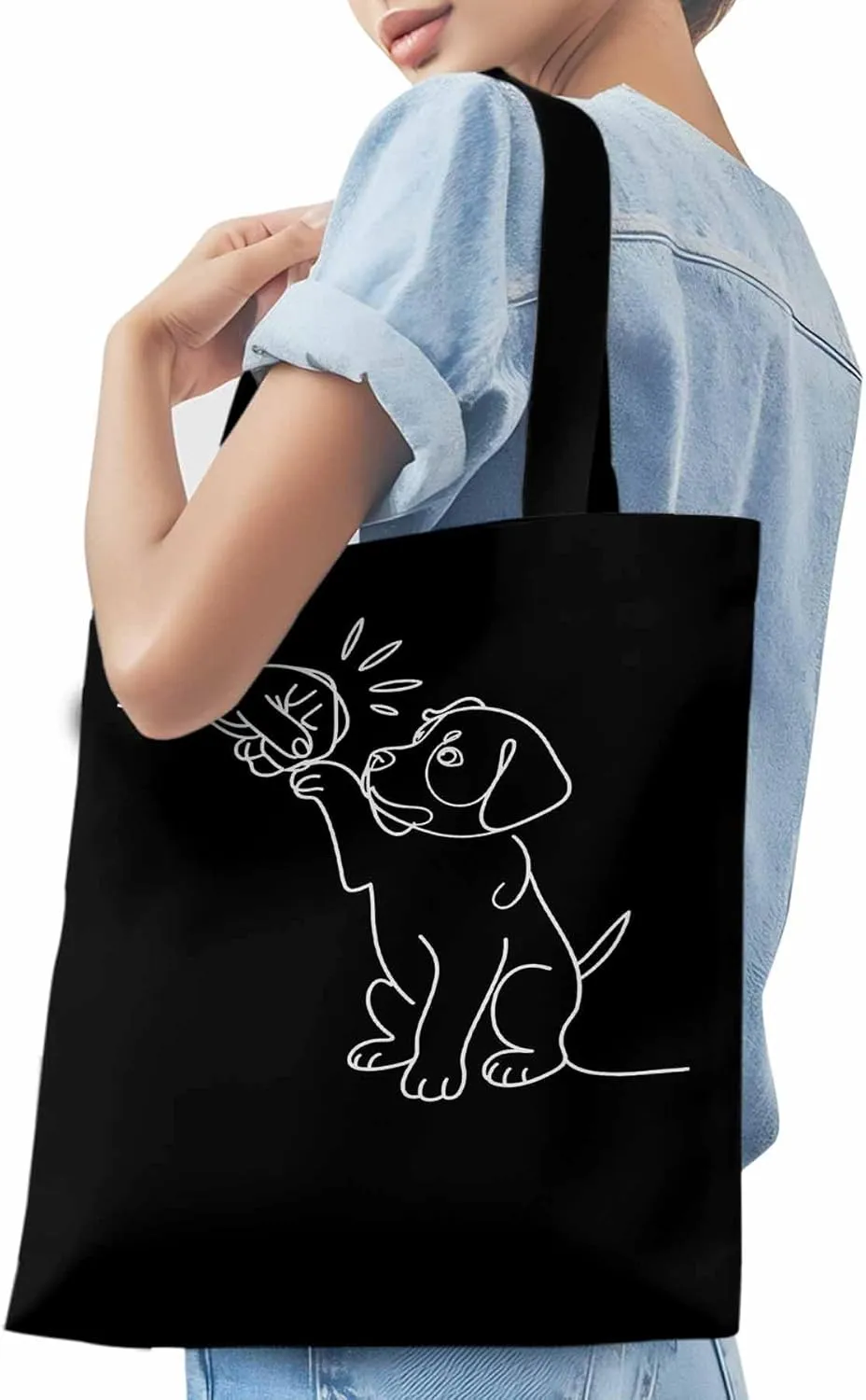 Canvas Tote Bag Cute Dog High Five Reusable Grocery Shopping Bags with Handle, Sketch Art Large Canvas