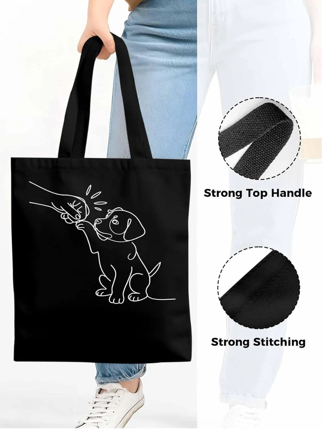 Canvas Tote Bag Cute Dog High Five Reusable Grocery Shopping Bags with Handle, Sketch Art Large Canvas