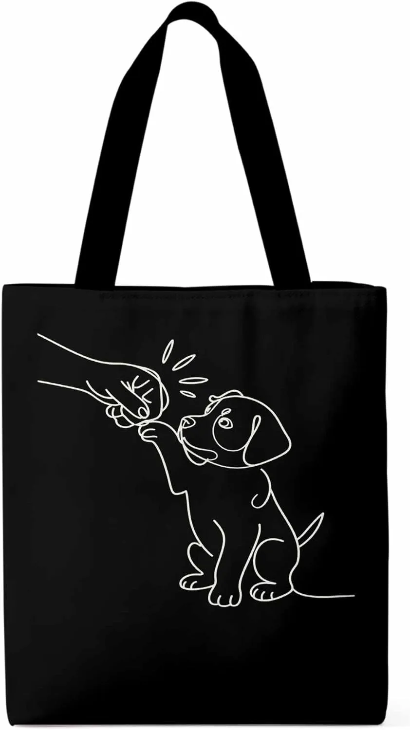 Canvas Tote Bag Cute Dog High Five Reusable Grocery Shopping Bags with Handle, Sketch Art Large Canvas
